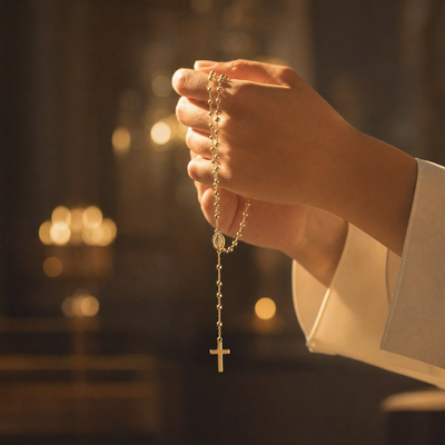 Rosario de oro sostenido entre las manos en el interior de una iglesia