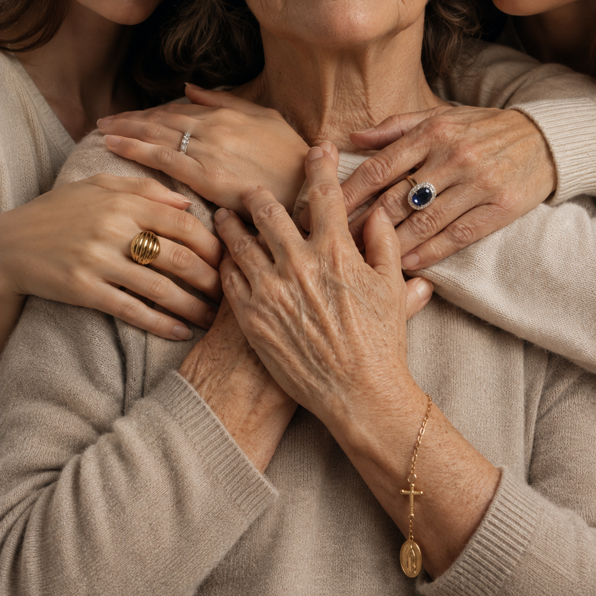 Abuela y nietas compartiendo las joyas de oro que se heredan en la familia