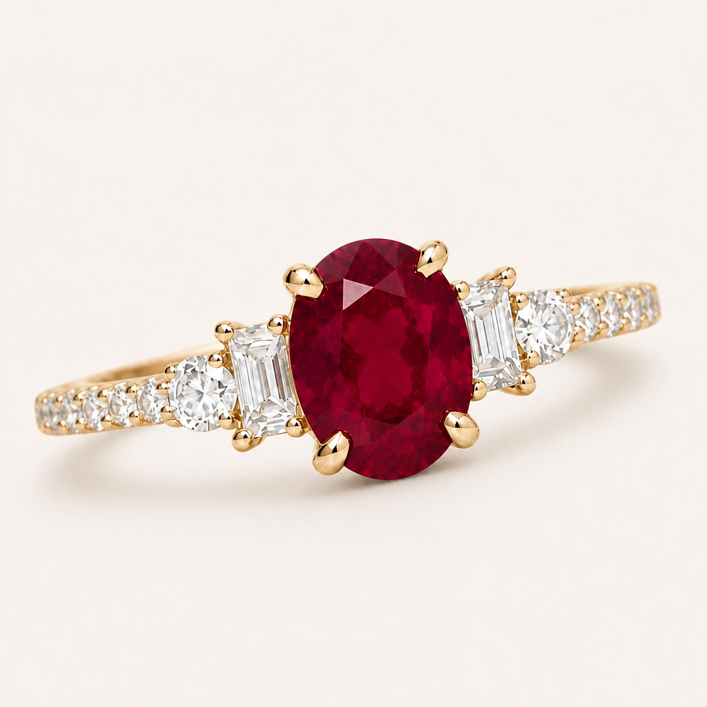 Anillo con rubí natural y diamantes naturales, oro amarillo 14K