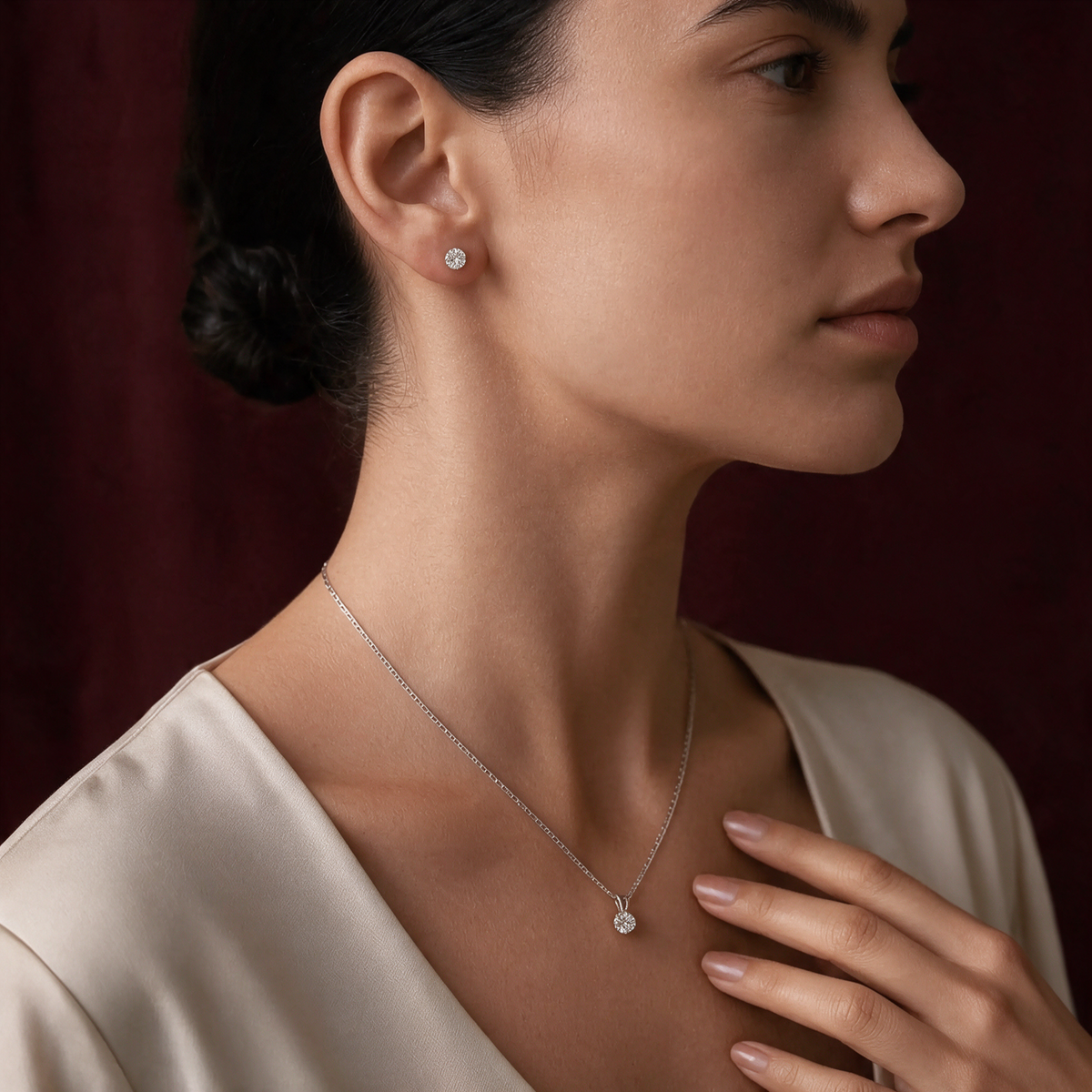Modelo con aretes studs de diamantes lab grown