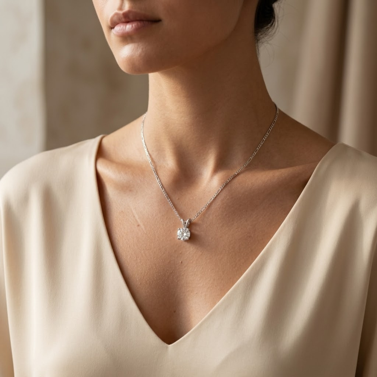 Collar con dije de diamante solitario puesto al cuello sobre piel