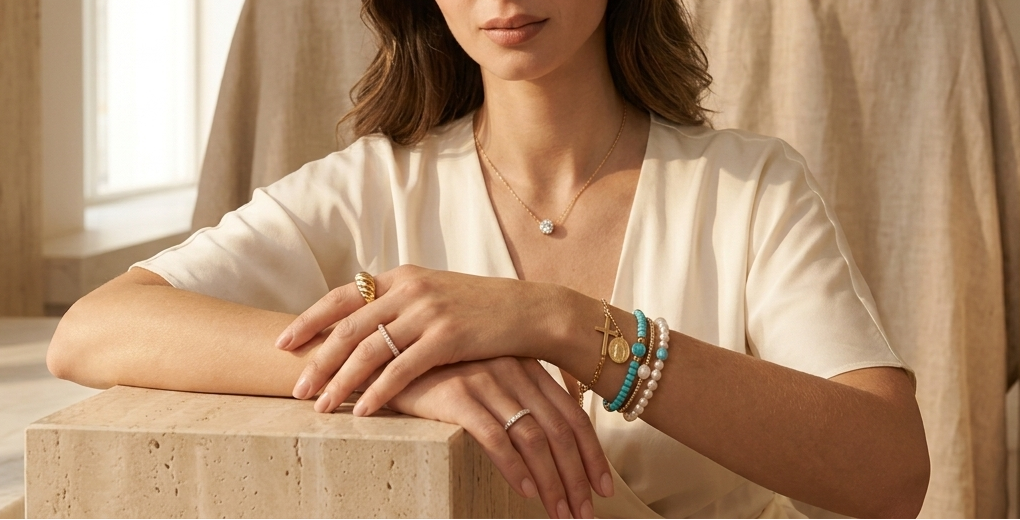 Joyas de oro y diamantes de Rosario Joyería sobre fondo neutro